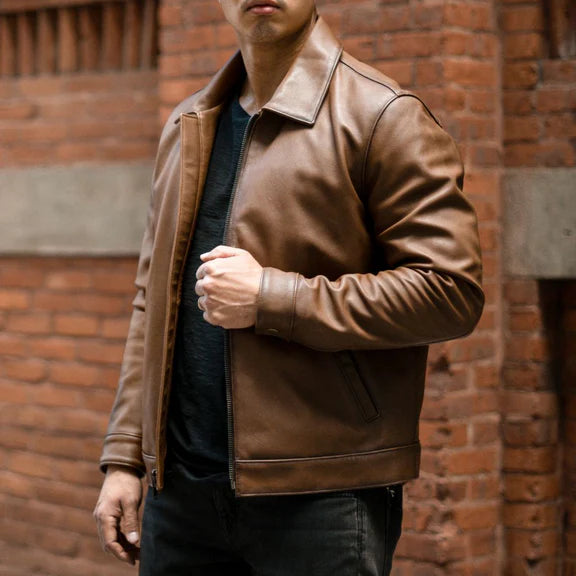 Classic brown leather jacket simple leather jacket for men