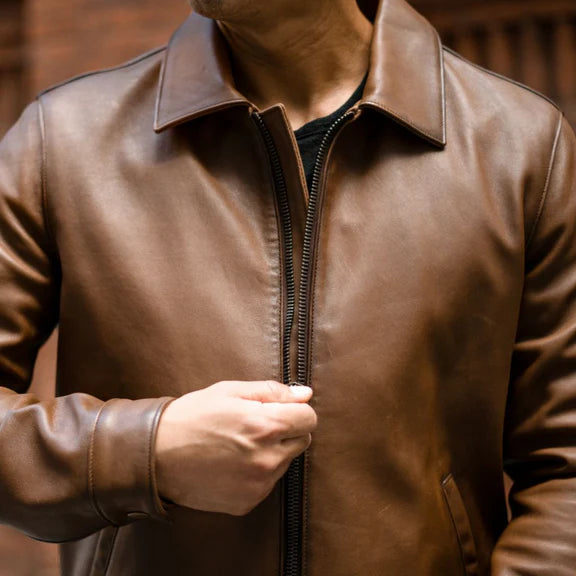 Classic brown leather jacket simple leather jacket for men
