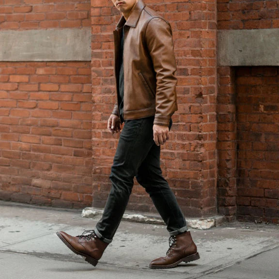 Classic brown leather jacket simple leather jacket for men