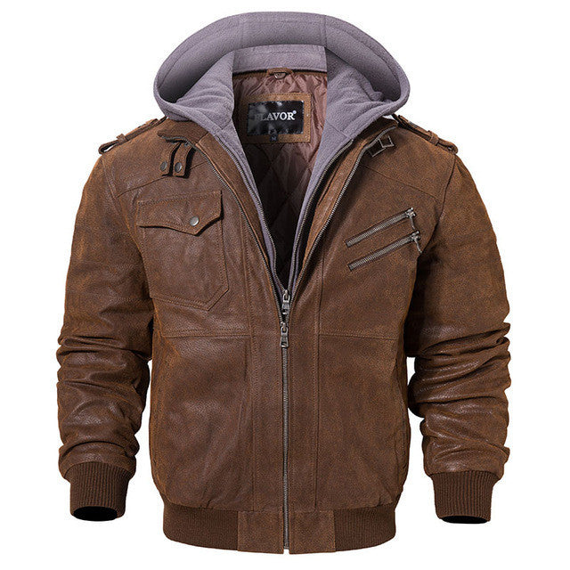 Men's Jacket Imulated Leather Detachable Cap