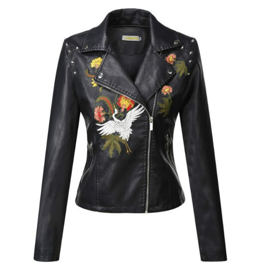 Embroidered leather jacket for women