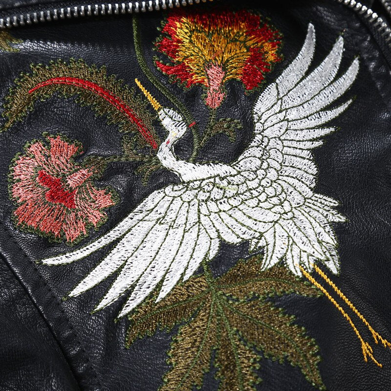 Embroidered leather jacket for women