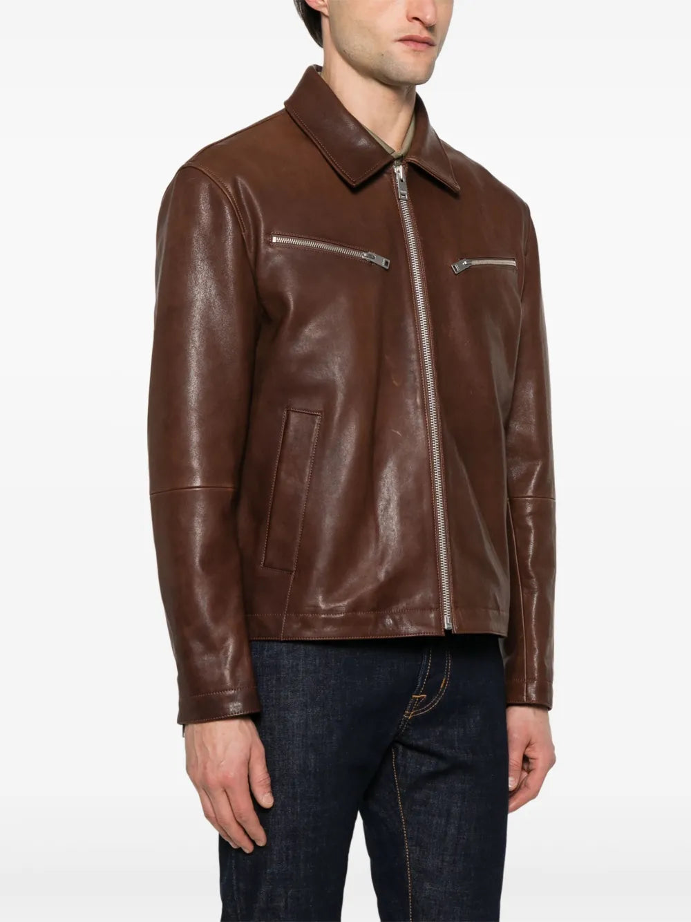 Stylish Zip-Up Leather Jacket For Men with Front Flap Pockets