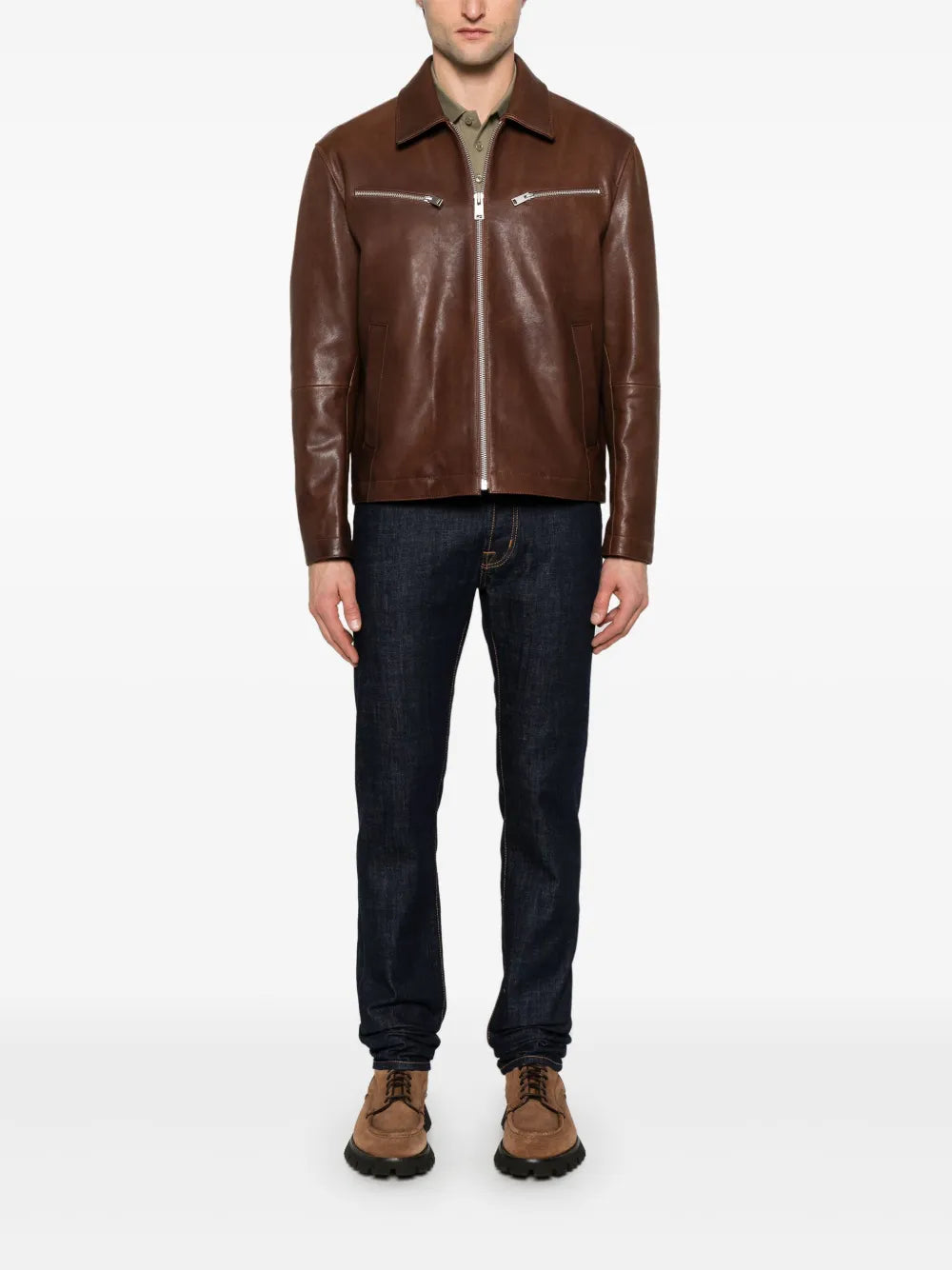 Stylish Zip-Up Leather Jacket For Men with Front Flap Pockets