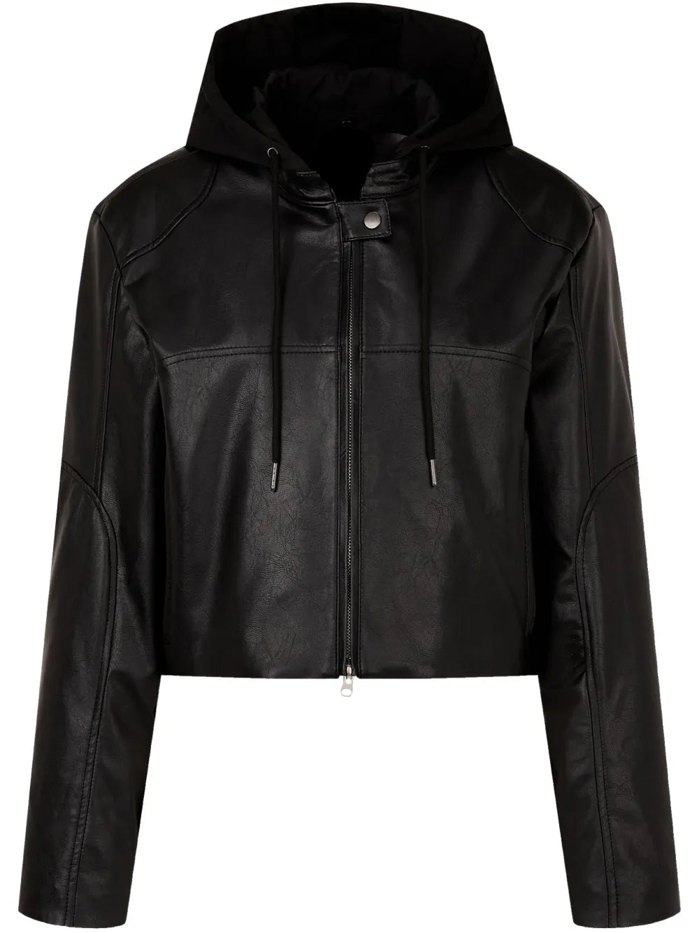 Trendy Black Hooded Leather Jacket with Front Zip