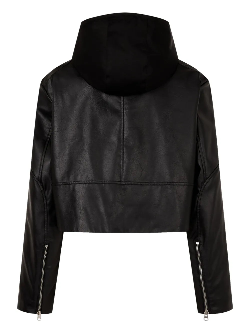 Trendy Black Hooded Leather Jacket with Front Zip