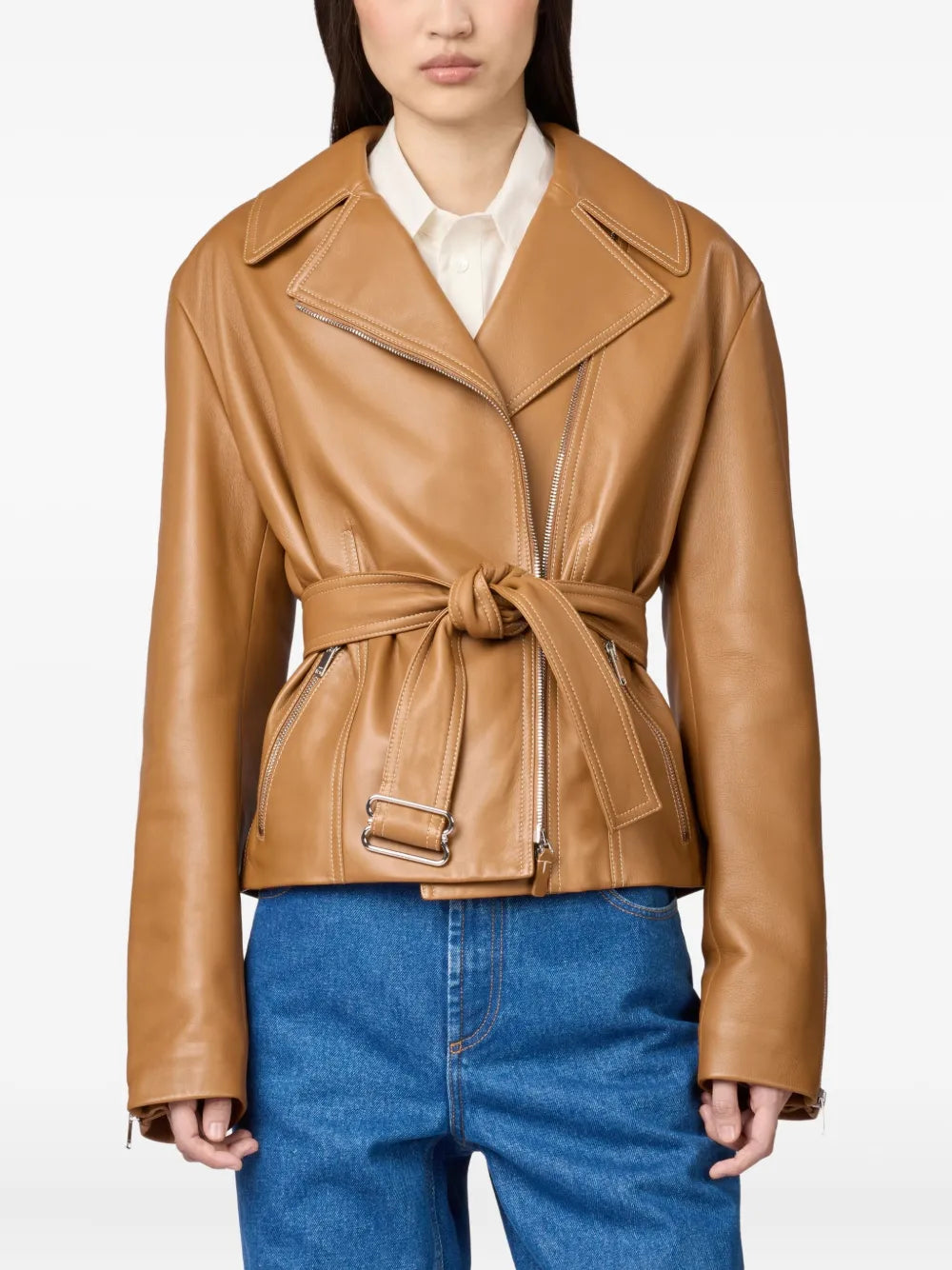 Trendy Women’s Leather Jacket with Belted Waist