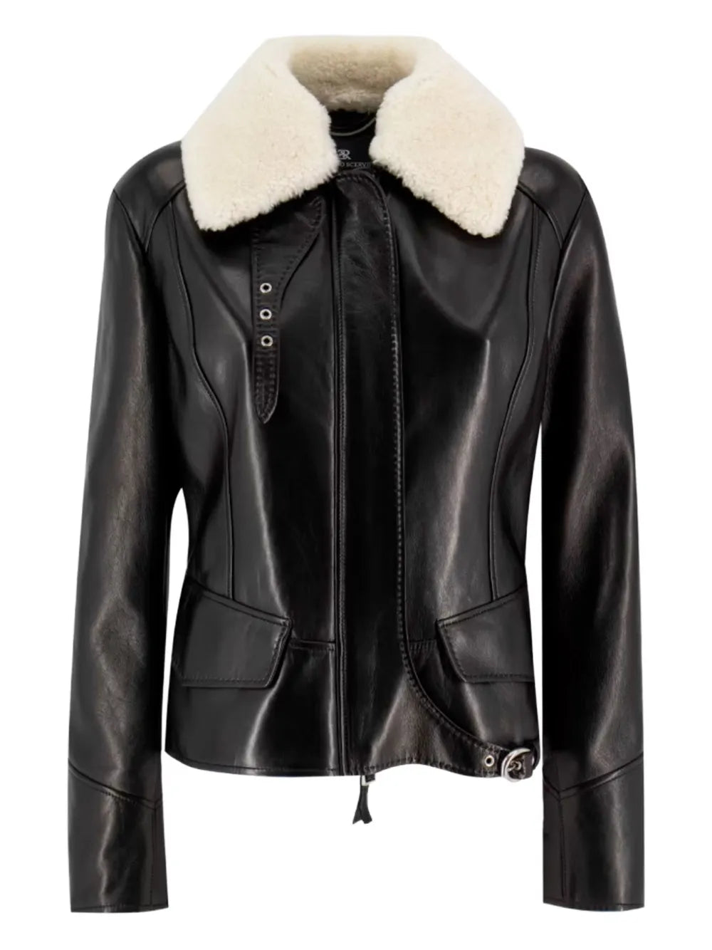 Slim Fit Leather Jacket with Shearling Collar