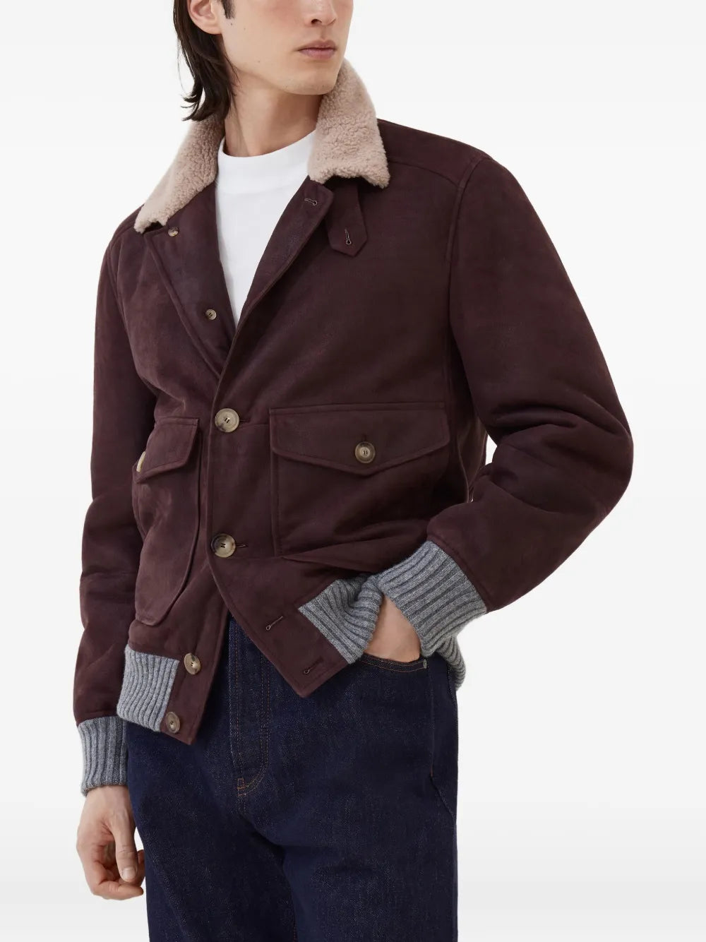 Men’s Shearling-Collar Classic Leather Jacket