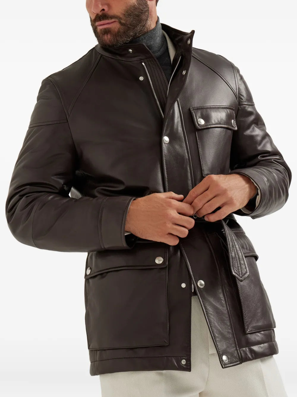 Classic Belted Leather Biker Jacket For Men