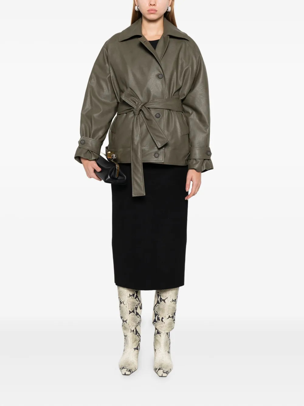 Trendy Olive Green Leather Jacket with Long Sleeves