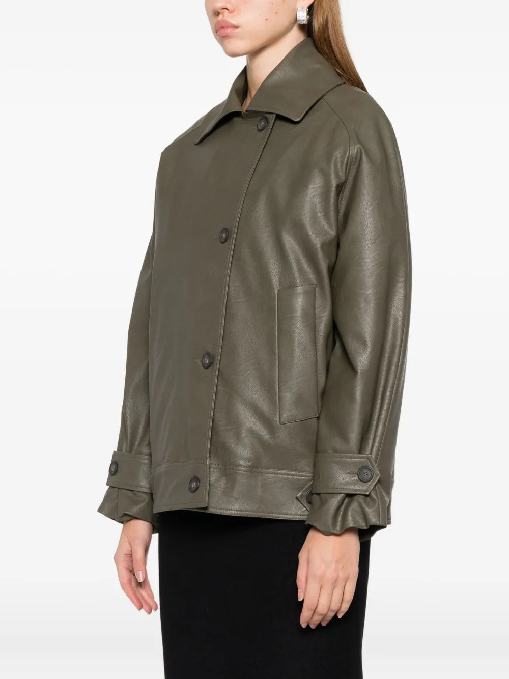 Trendy Olive Green Leather Jacket with Long Sleeves