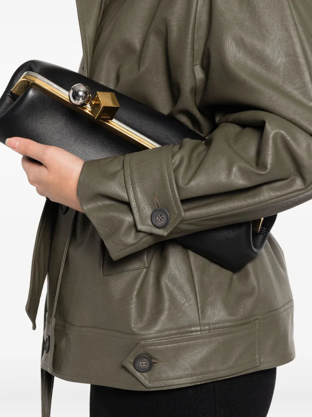 Trendy Olive Green Leather Jacket with Long Sleeves