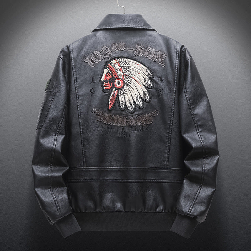 Men's Leather Jacket With Lapel Embroidered Leather