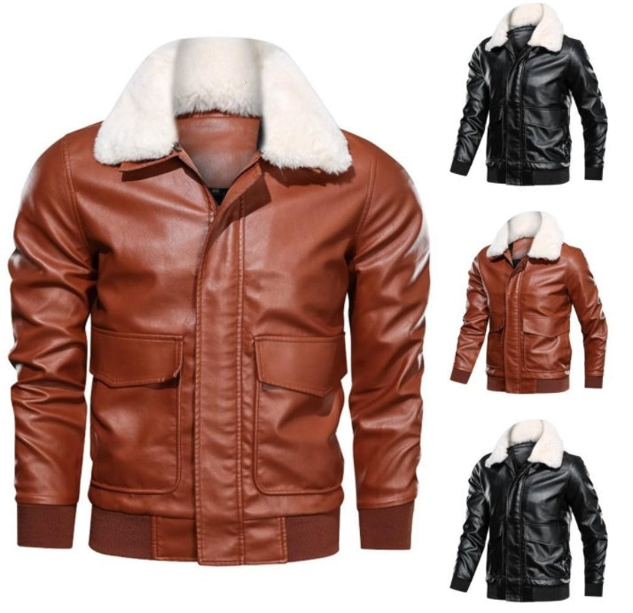 Thin Men's Lapel Large Pocket Leather Jacket Motorcycle Leather Jacket