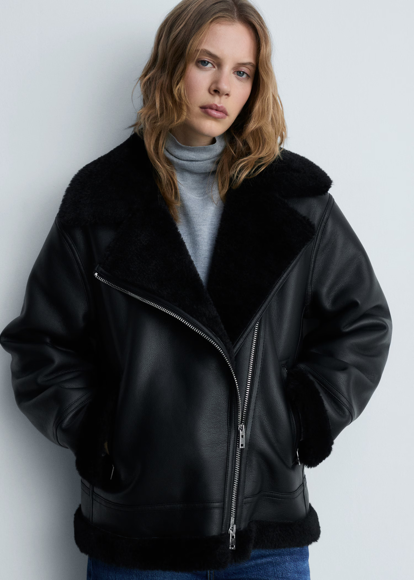 Stylish leather jacket with black fur sheepskin leather coat for women