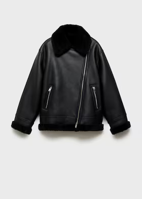 Stylish leather jacket with black fur sheepskin leather coat for women
