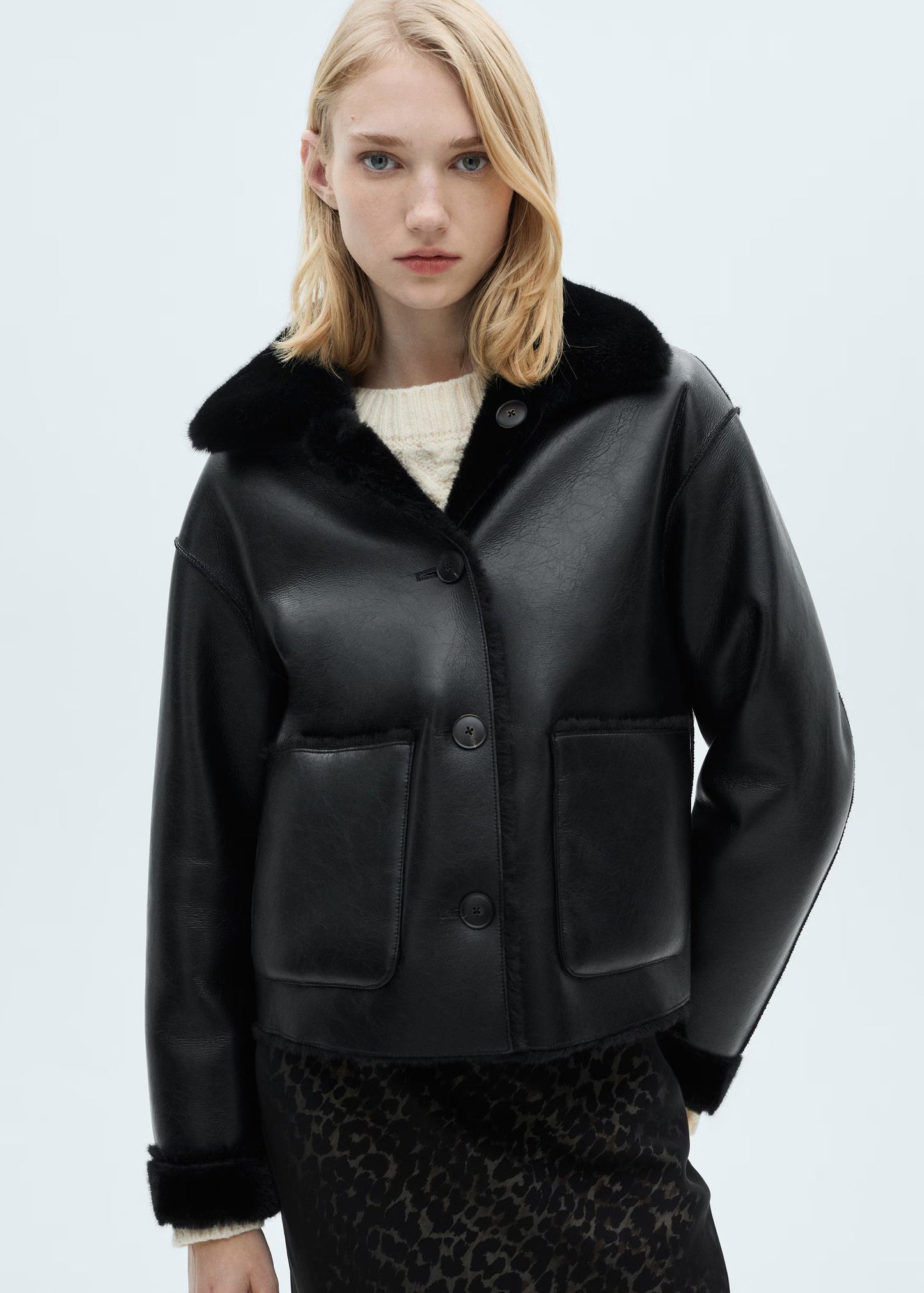Black leather jacket short classic leather coat