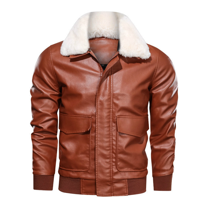 Thin Men's Lapel Large Pocket Leather Jacket Motorcycle Leather Jacket