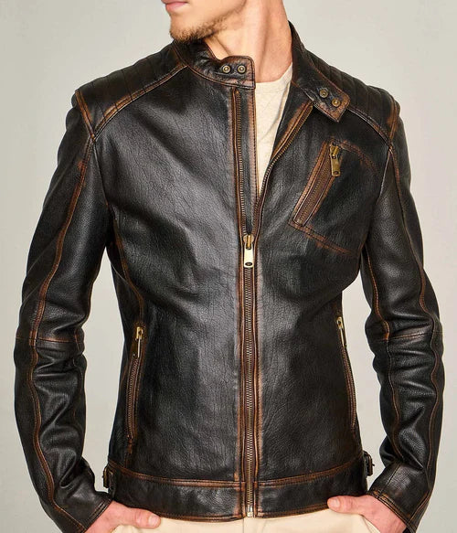 Men's black leather jacket slim fit warm biker leather jacket