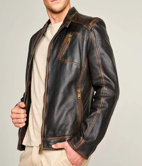Men's black leather jacket slim fit warm biker leather jacket