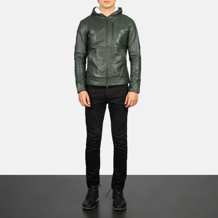 Green Hooded Leather Bomber Jacket