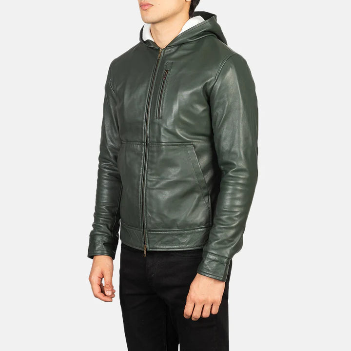 Green Hooded Leather Bomber Jacket
