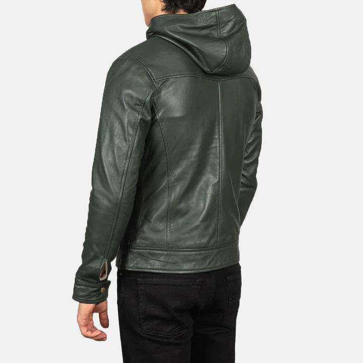 Green Hooded Leather Bomber Jacket