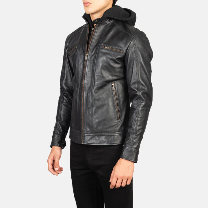 Black Hooded casual Leather Biker Jacket for men