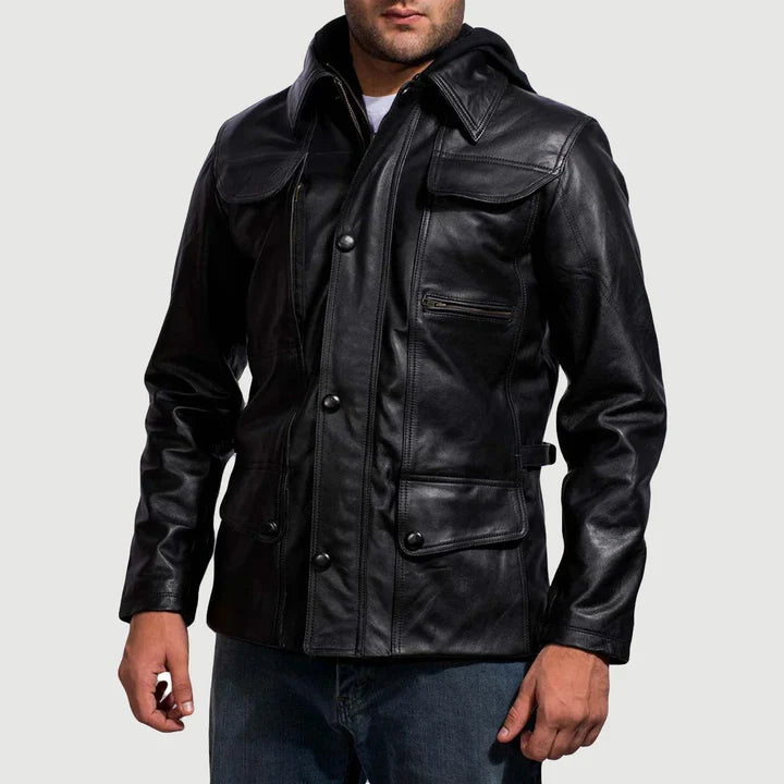 Black hooded leather jacket for men black casual leather jacket