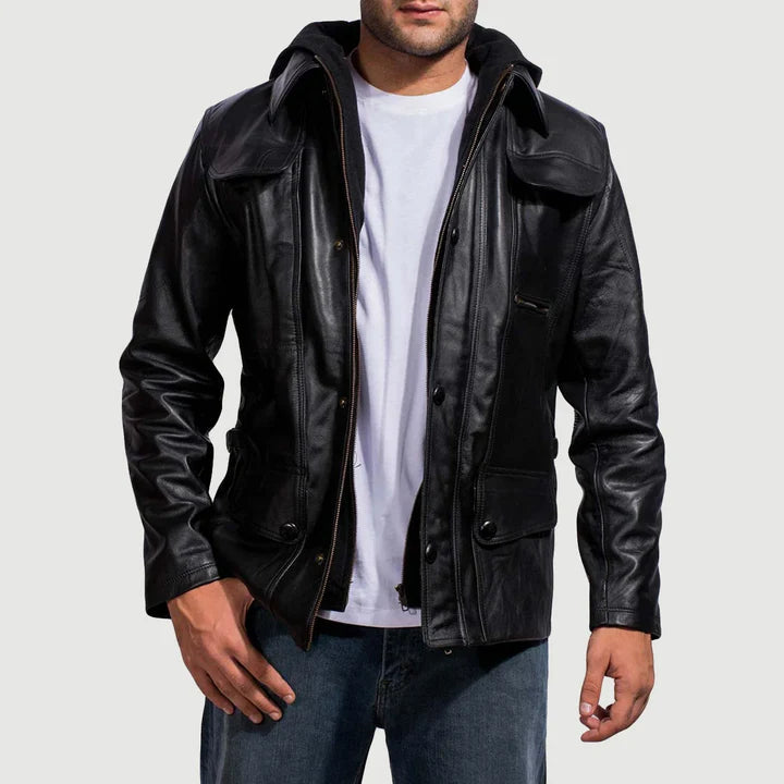 Black hooded leather jacket for men black casual leather jacket