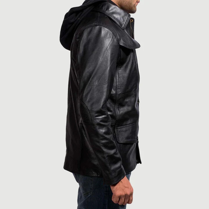 Black hooded leather jacket for men black casual leather jacket