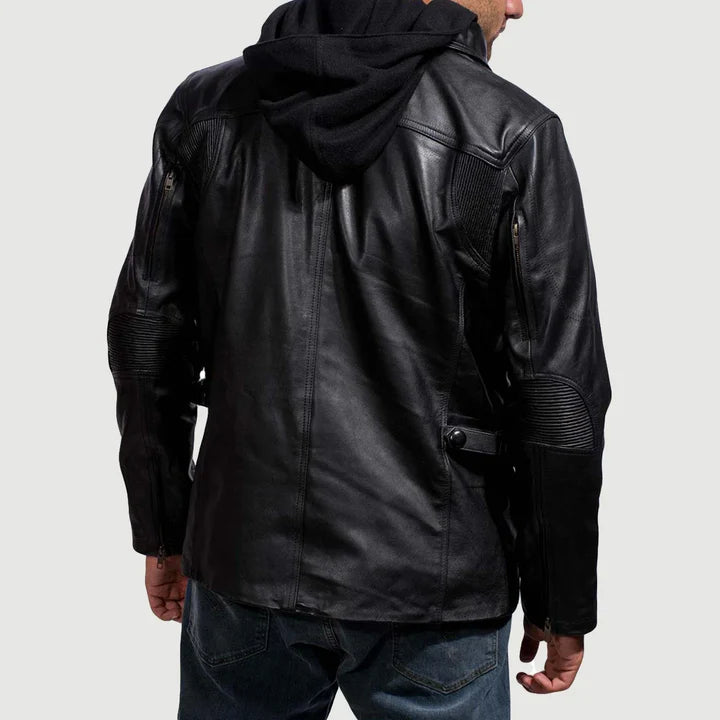 Black hooded leather jacket for men black casual leather jacket
