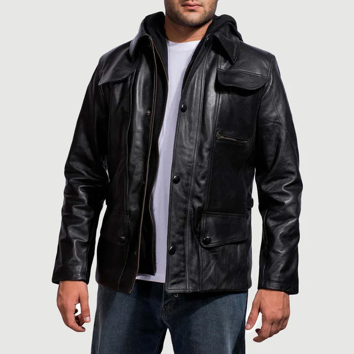 Black hooded leather jacket for men black casual leather jacket