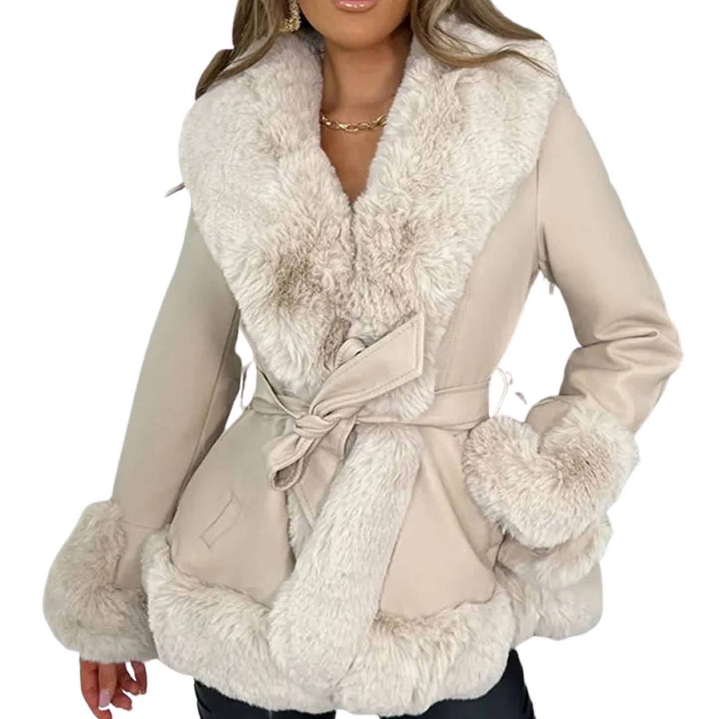 Grant Orient Style Women's Leather Jacket with Fur Collar Long Sleeve Parka with Pockets Warm Winter Coat with Belt
