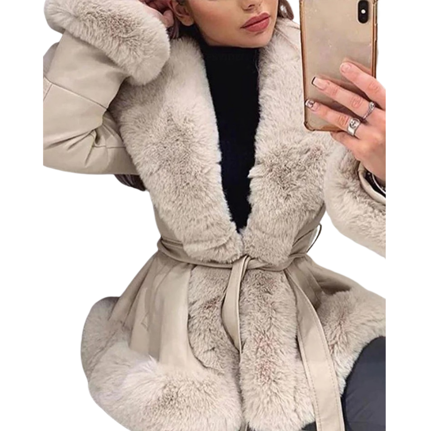Grant Orient Style Women's Leather Jacket with Fur Collar Long Sleeve Parka with Pockets Warm Winter Coat with Belt