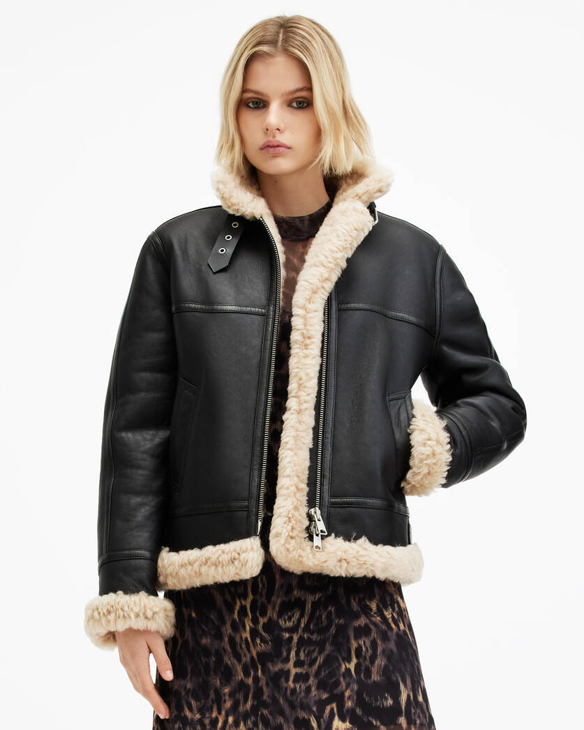 Classic aviator leather jacket women pure sheepskin leather coat winter outwear for women