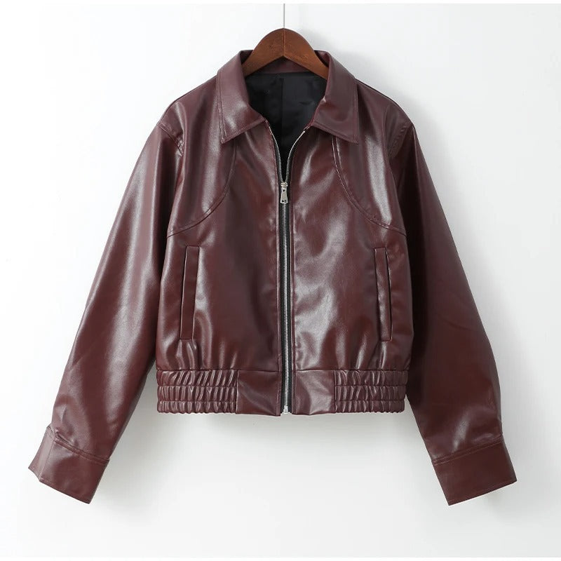 Red wine leather jacket for women