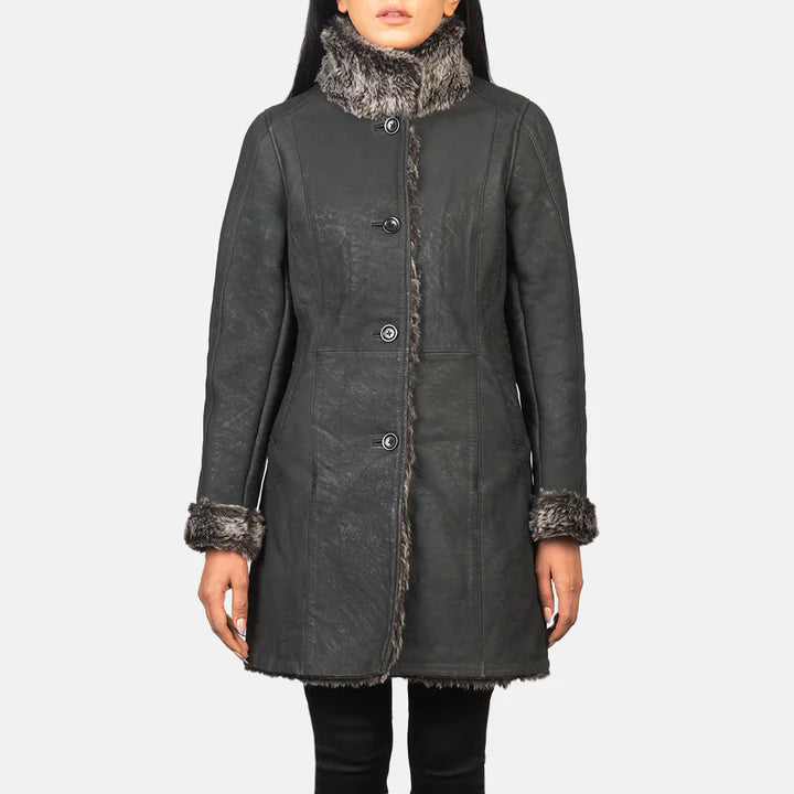 Black leather jacket for women with grey fur women leather coat