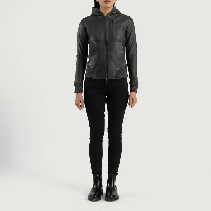 Black Hooded Leather Bomber Jacket