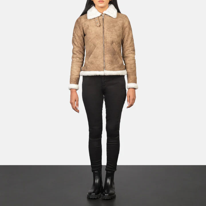 Brown bomber leather jacket women leather coat with fur