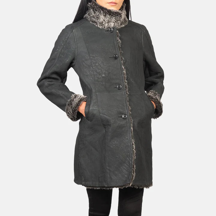 Black leather jacket for women with grey fur women leather coat
