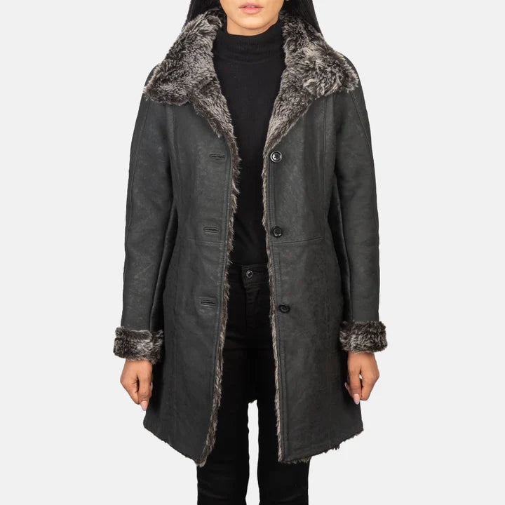 Black leather jacket for women with grey fur women leather coat
