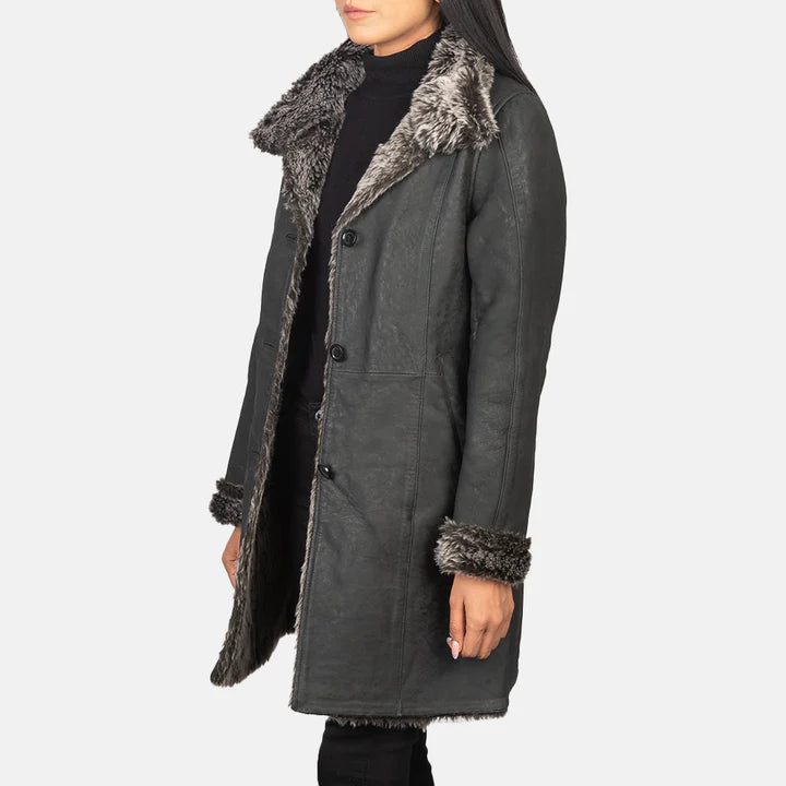 Black leather jacket for women with grey fur women leather coat