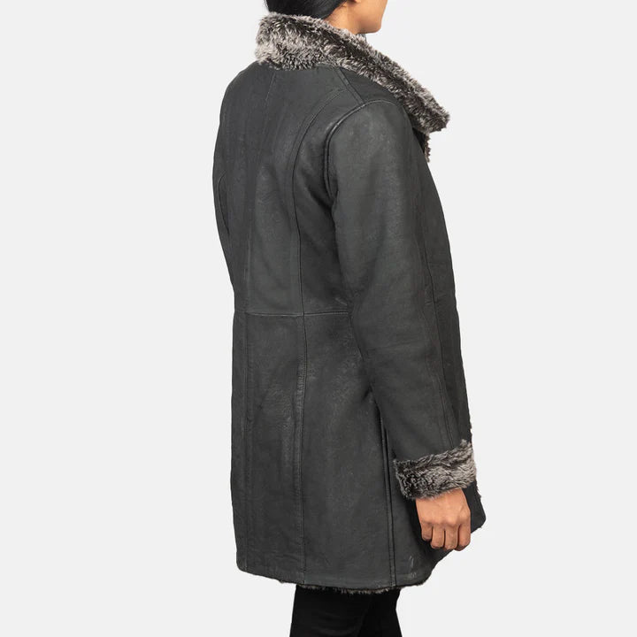 Black leather jacket for women with grey fur women leather coat