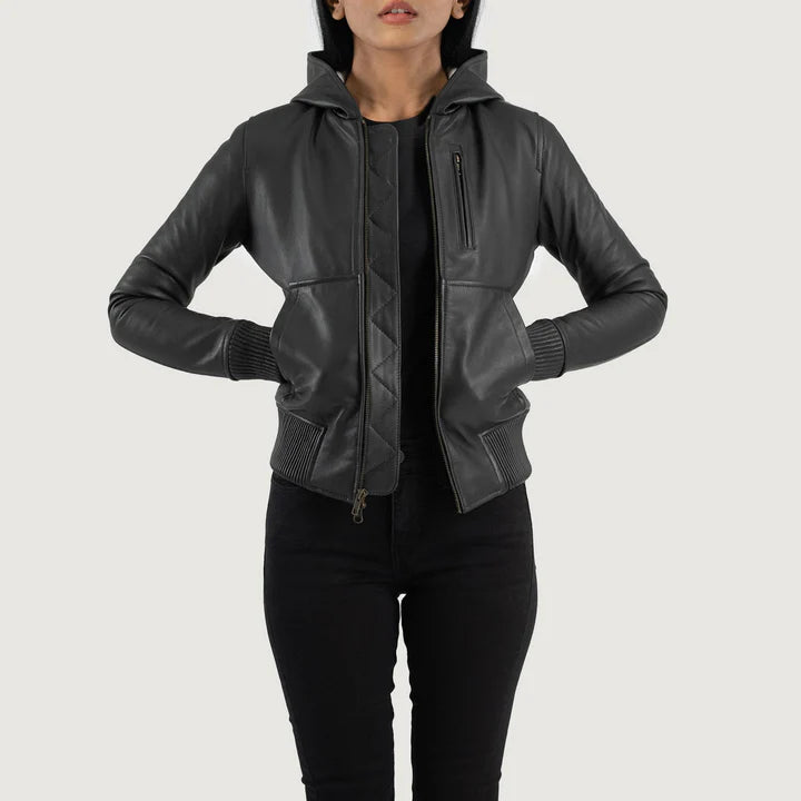 Black Hooded Leather Bomber Jacket