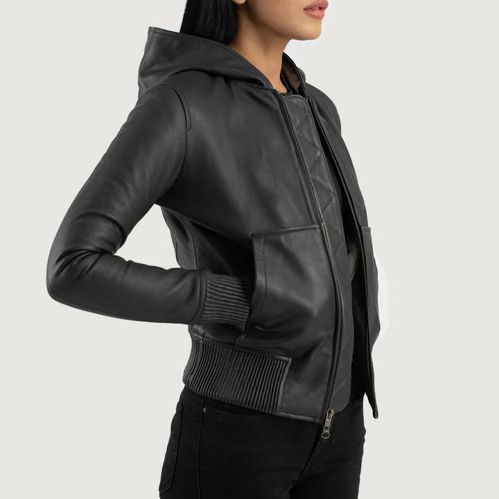 Black Hooded Leather Bomber Jacket