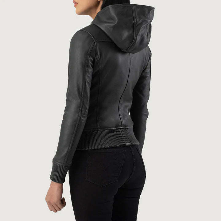 Black Hooded Leather Bomber Jacket