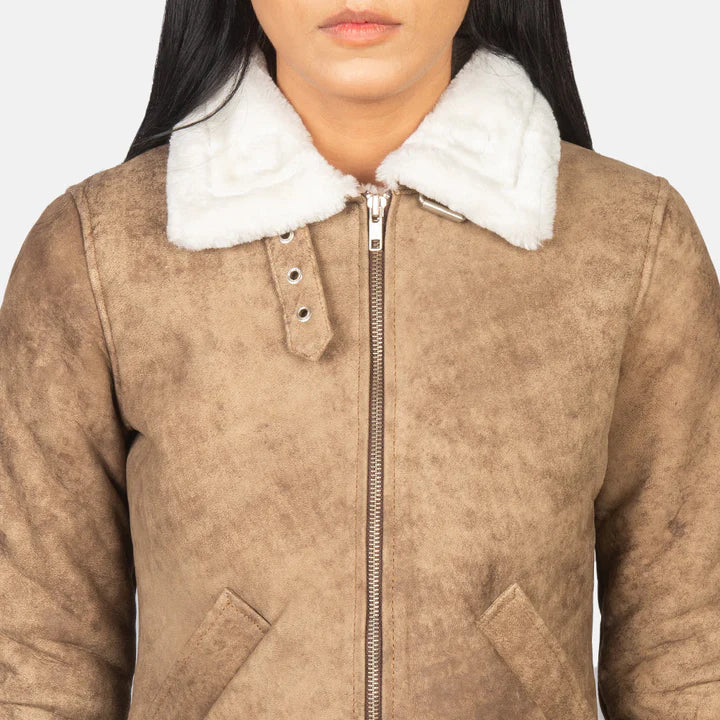 Brown bomber leather jacket women leather coat with fur