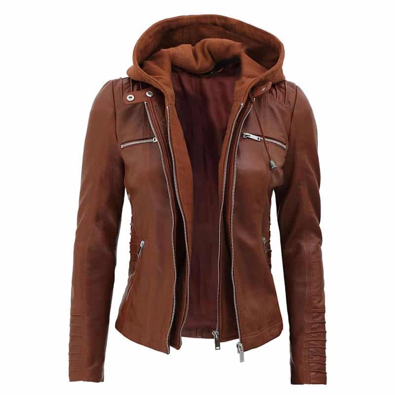 Women's Slim Fit Brown Hooded Leather jacket for women